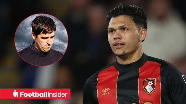 Bournemouth's Evanilson and manager Andoni Iraola looking at each other with the manager looking upset