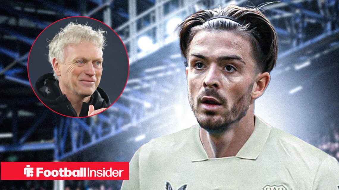 Jack Grealish in Everton away kit with David Moyes smiling