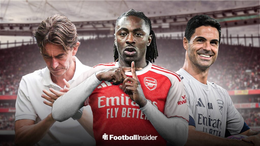 Eberechi Eze in Arsenal's home kit flanked by Thomas Frank and Mikel Arteta
