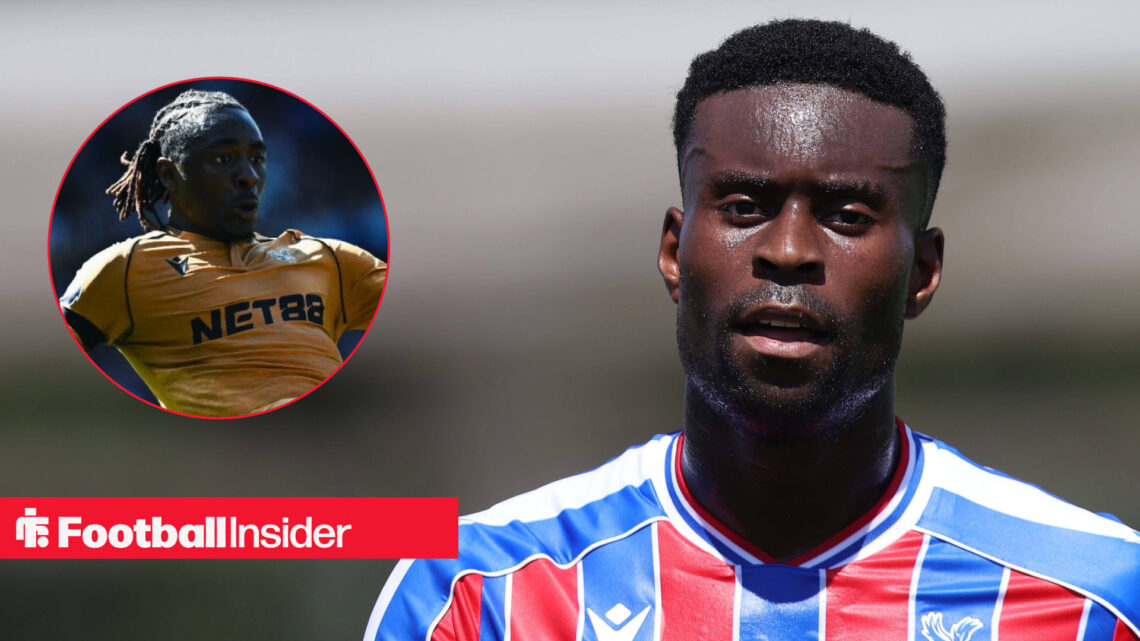 Crystal Palace defender Marc Guehi in action next to an image of teammate Eberechi Eze