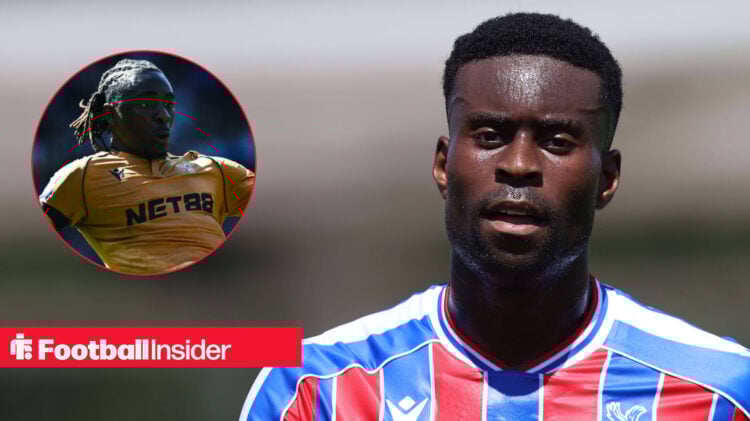 Crystal Palace defender Marc Guehi in action next to an image of teammate Eberechi Eze