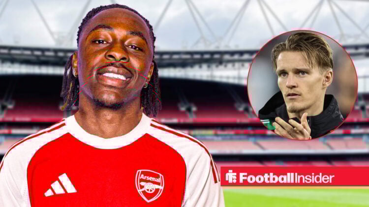 Eberechi Eze shown wearing an Arsenal kit in front of a backdrop of the Emirates Stadium, next to an image of Martin Odegaard