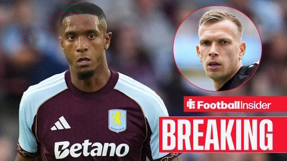 Aston Villa's Ezri Konsa, and Marco Bizot in action