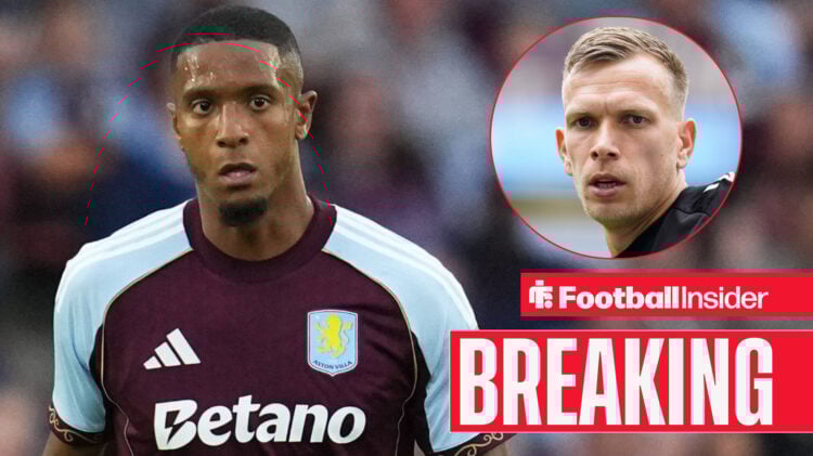 Aston Villa's Ezri Konsa, and Marco Bizot in action