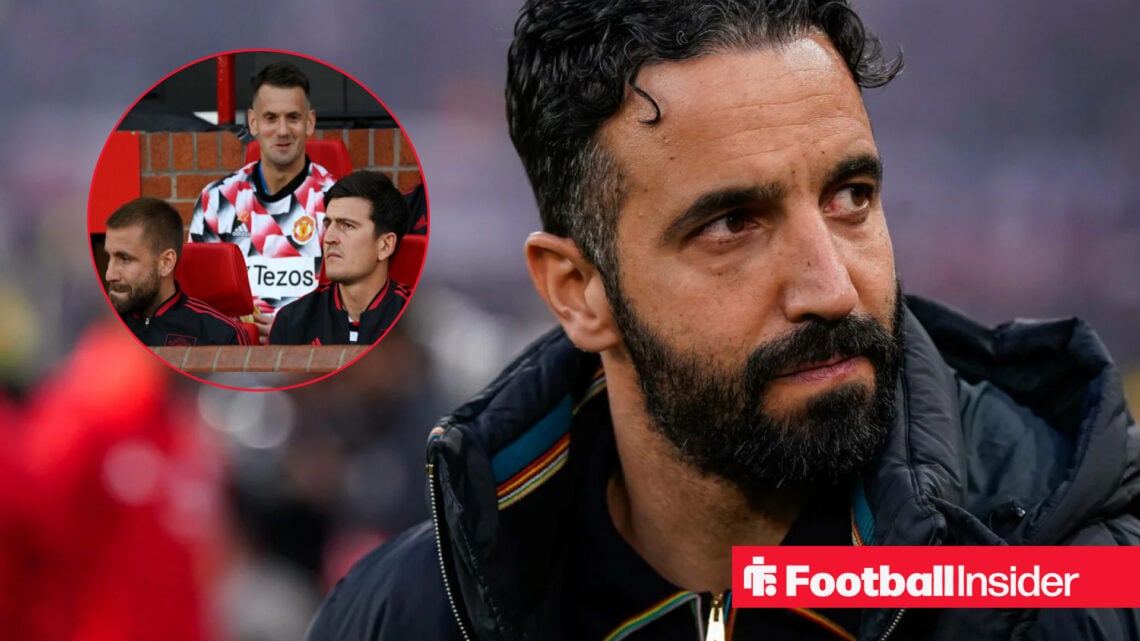 Man United manager Ruben Amorim alongside Harry Maguire, Luke Shaw and Tom Heaton