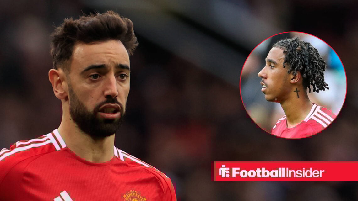 Bruno Fernandes in action of Man United, next to an image of Leny Yoro
