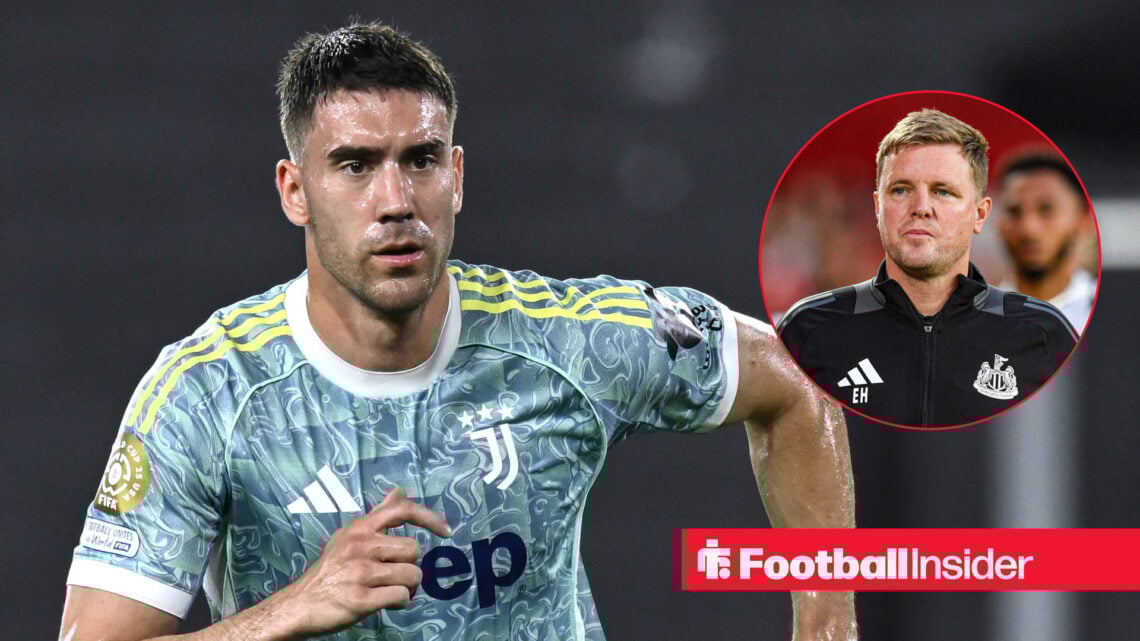 Dusan Vlahovic in action at the Club World Cup for Juventus, next to an image of Newcastle boss Eddie Howe