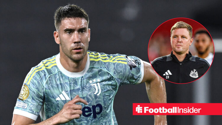 Dusan Vlahovic in action at the Club World Cup for Juventus, next to an image of Newcastle boss Eddie Howe
