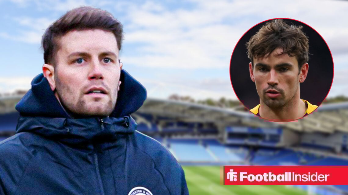 Brighton manager Fabian Hurzeler against a back drop of The Amex, alongside a circular inset of Matt O'Riley.