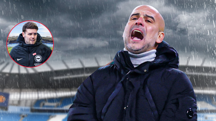 Fabian Hurzeler looks happy in a circle frame, Pep Guardiola is frustrated in an image of a storm