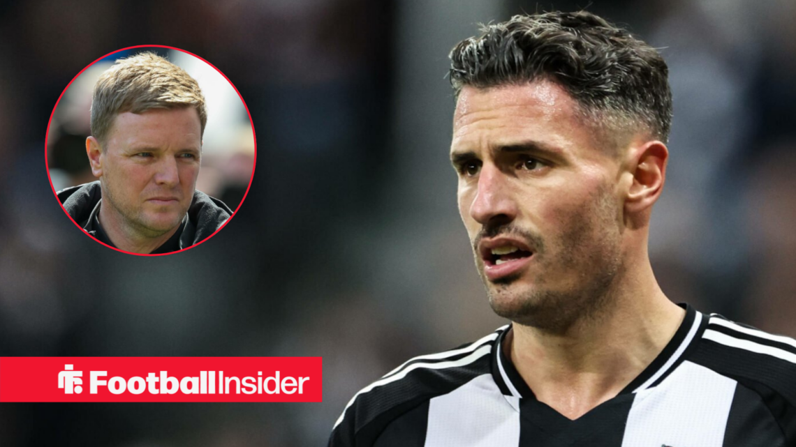 Fabian Schar in Newcastle home shirt with Eddie Howe inset