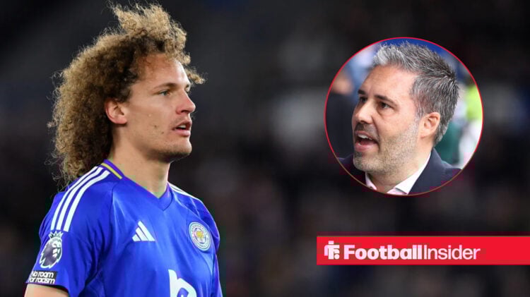 Wout Faes looks on during a Leicester City match, next to an image of manager Marti Cifuentes