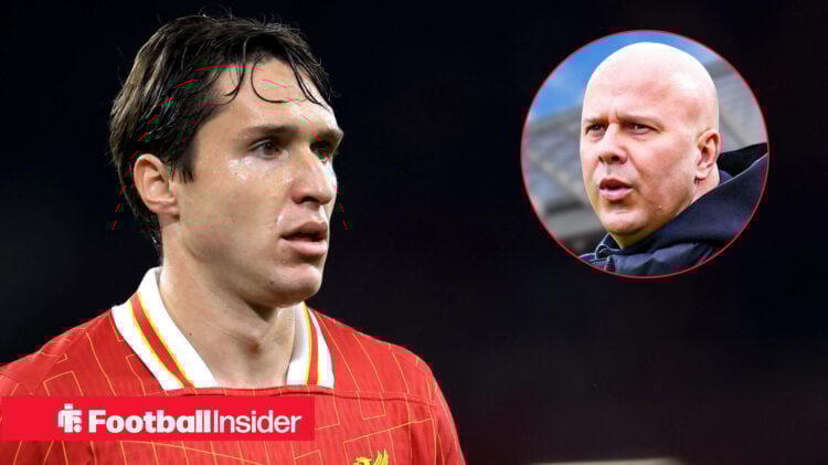 Federico Chiesa in Liverpool home shirt with Arne Slot inset