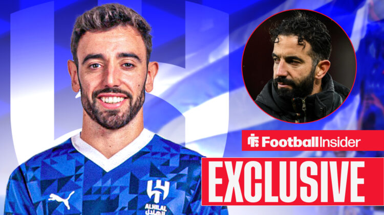Exclusive news Man United manager Ruben Amorim looks across at Bruno Fernandes
