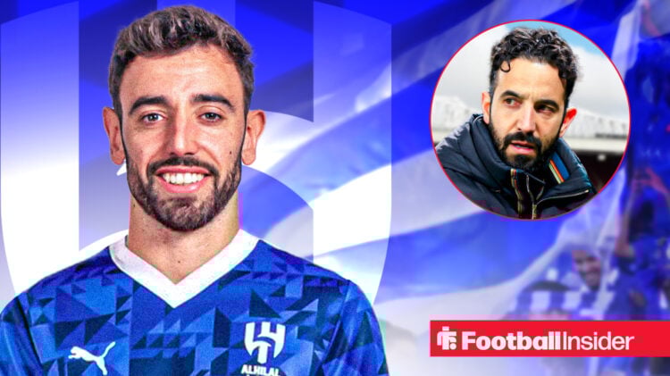 Man United manager Ruben Amorim looks at Bruno Fernandes