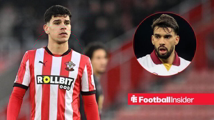 Southampton midfielder Mateus Fernandes looks on during a Premier League match, next to an image of West Ham's Lucas Paqueta