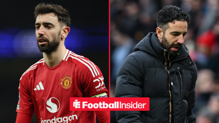Bruno Fernandes in a Manchester United kit next to Ruben Amorim in a coat