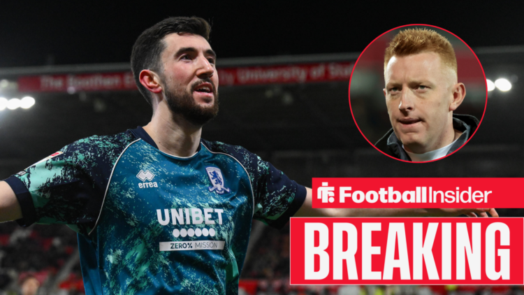 Middlesbrough's Finn Azaz celebrating a goal looking at Southampton manager Will Still who is walking off the pitch facing him right inset