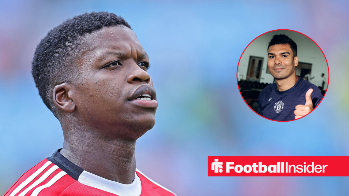 Florentino Luis during a Benfica match, next to an image of Casemiro with his thumb up