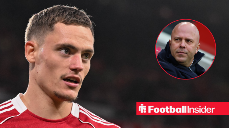 Florian Wirtz looking on during a Liverpool match, next to an image of Arne Slot