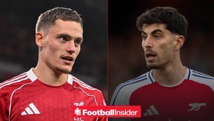 Florian Wirtz on the left in a red Liverpool shirt looking at Kai Havertz on the right wearing a red and white Arsenal shirt