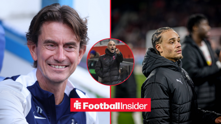 Thomas Frank in a blue Tottenham tracksuit, next to Xavi Simons in a black coat and Enzo Maresca in a black coat in a circle