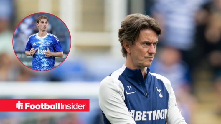Thomas Frank in a Tottenham blue tracksuit, and Nico Paz in a blue Como kit in a circle