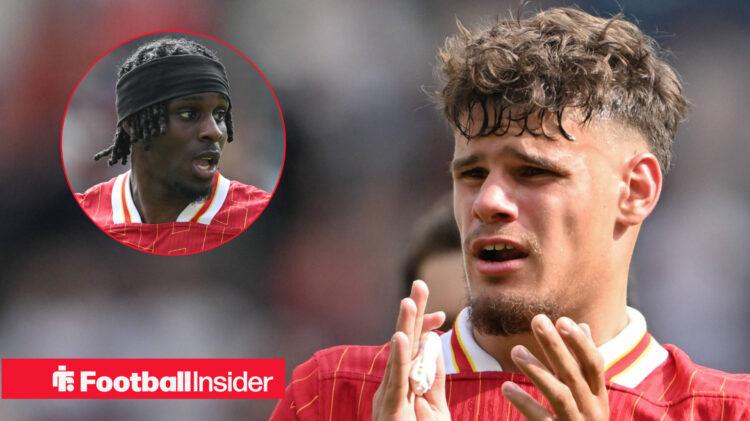 Jeremie Frimpong looks across at Liverpool teammate Milos Kerkez