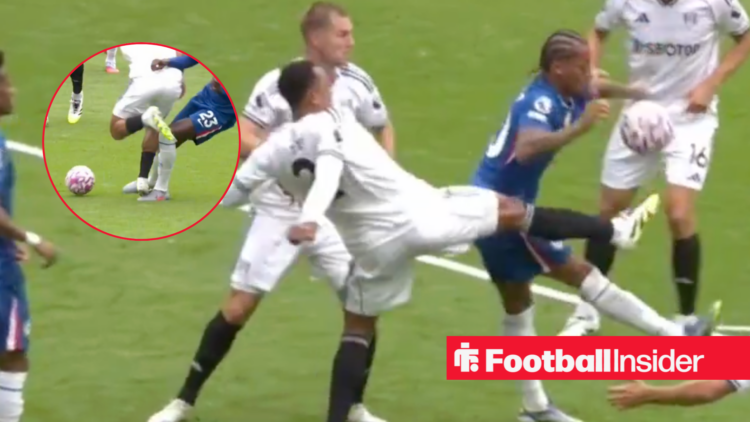 Joao Pedro in a blue Chelsea shirt and Rodrigo Muniz challenging Trevor Chalobah