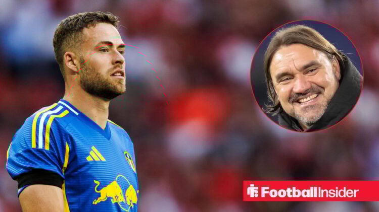 Leeds defender Gabriel Gudmundsson alongside a circular inset of manager Daniel Farke.