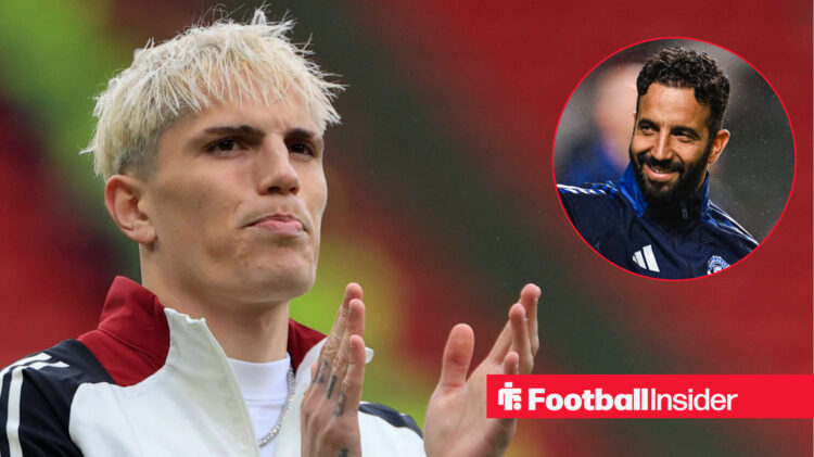 Alejandro Garnacho applauds Man United supporters next to an image of Ruben Amorim smiling.