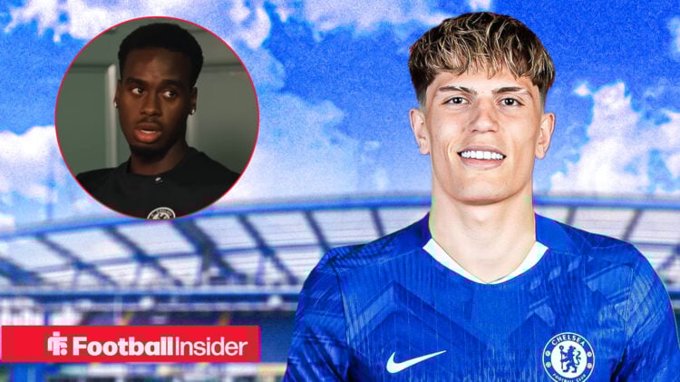 Chelsea winger Jamie Gittens looks at Man United's Alejandro Garnacho
