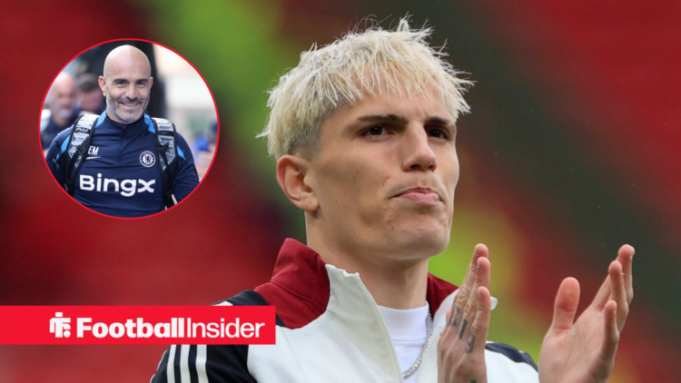 Alejandro Garnacho in a white Manchester United tracksuit and Enzo Maresca in a blue Chelsea tracksuit