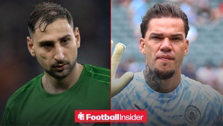Gianluigi Donnarumma in a PSG shirt alongside Ederson in a Man City shirt