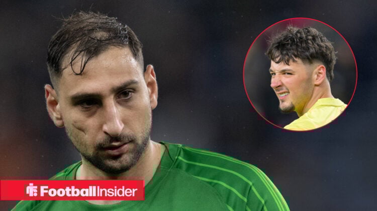 Gianluigi Donnarumma in a PSG shirt with James Trafford included in a circular inset