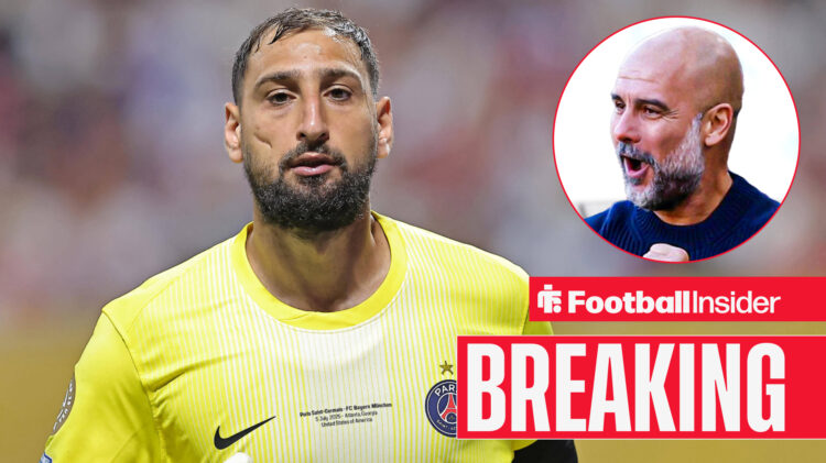 Gianluigi Donnarumma in action for PSG with Pep Guardiola included in a circular inset