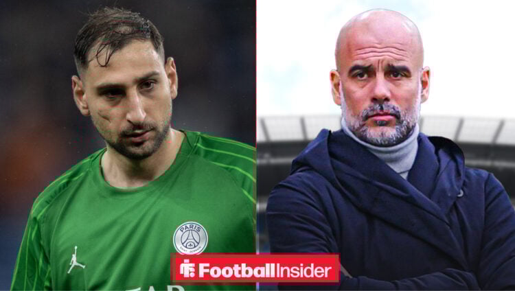 Gianluigi Donnarumma in a PSG shirt alongside Pep Guardiola with his arms folded on the Etihad Stadium touchline