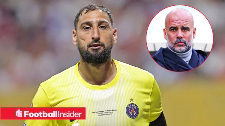 Gianluigi Donnarumma in a PSG shirt with Pep Guardiola included in a circular inset