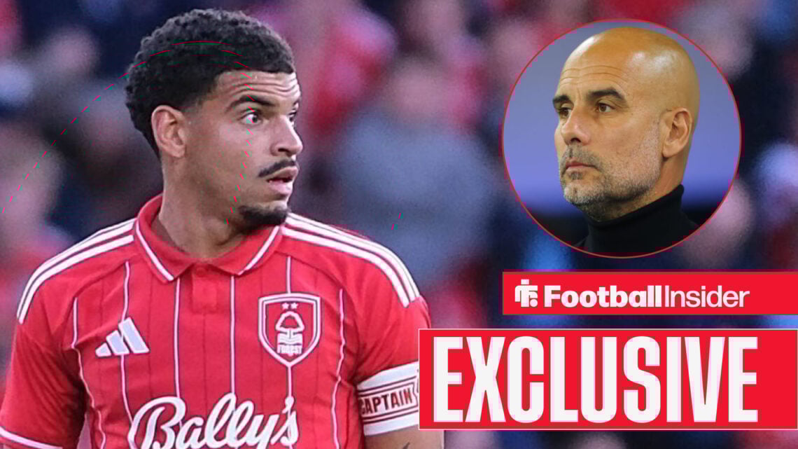 Morgan Gibbs-White looks at Pep Guardiola in a circular inset