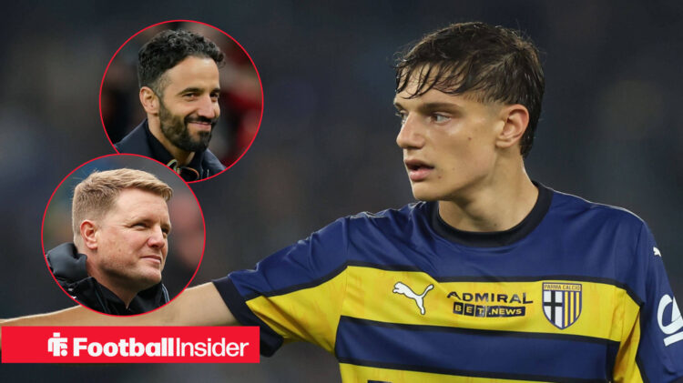 Parma's Giovanni Leoni in action and looking at both Man United manager Ruben Amorim who is smiling and Newcastle manager Eddie Howe who is also sm...