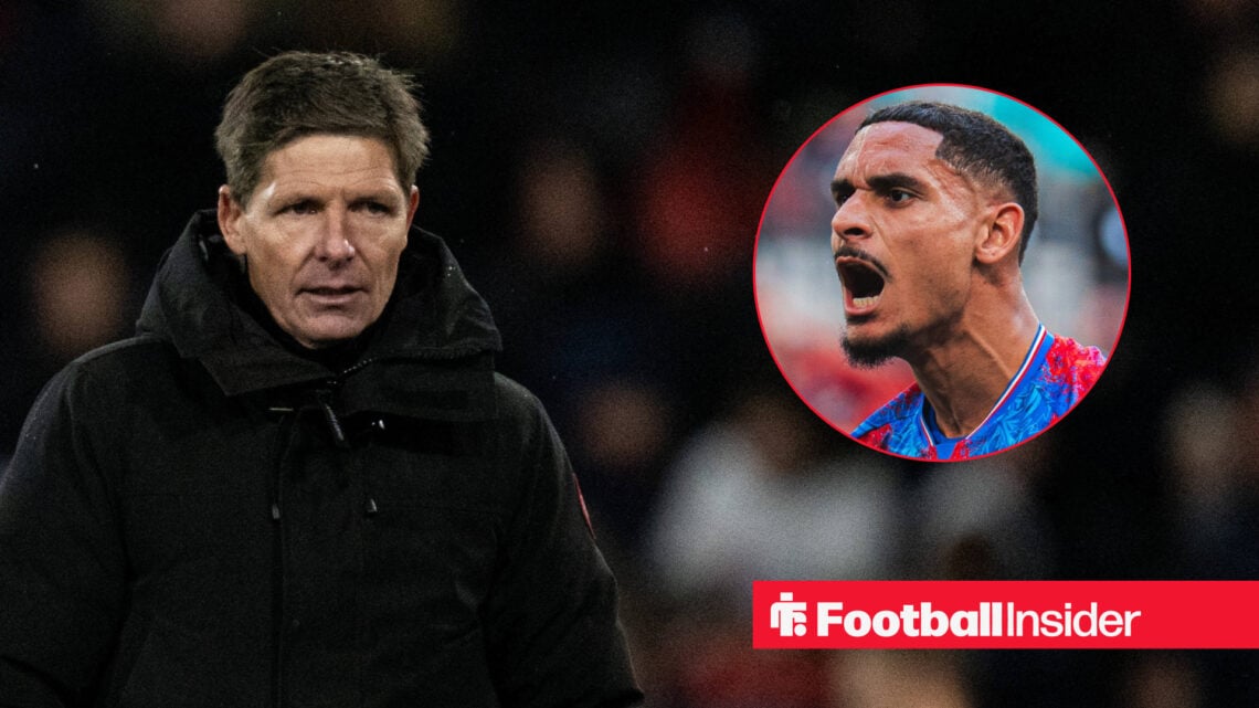 Crystal Palace boss Oliver Glanser next to an image of defender Maxence Lacroix