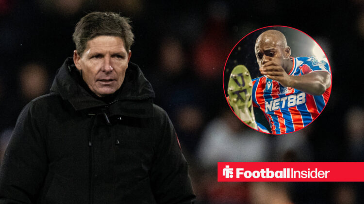Crystal Palace manager Oliver Glasner looking concerned, next to an image of Jean-Philippe Mateta celebrating a goal