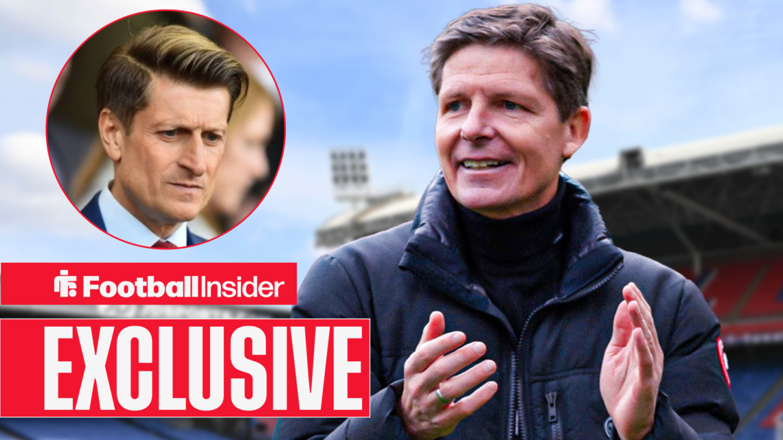 Steve Parish in a circular inset, Oliver Glasner smiling.