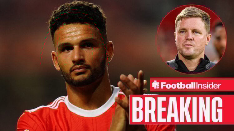 Goncalo Ramos applauds fans, with Eddie Howe included in a circular inset