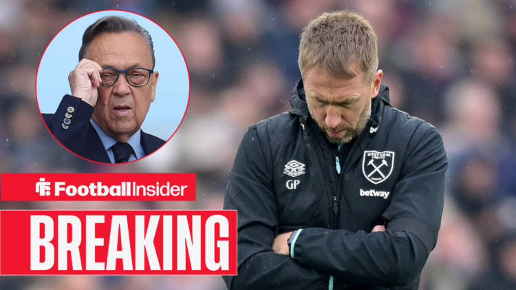West Ham boss Graham Potter looking down, with David Sullivan pictured in a circular inset