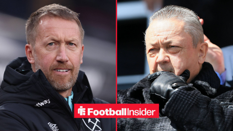 Graham Potter on the London Stadium touchline alongside David Sullivan with his hand on his chin