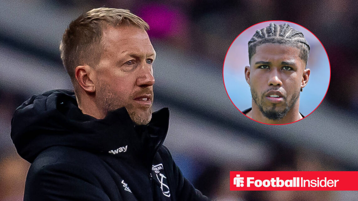 Graham Potter on the left in West Ham coat looking concerned with Andrey Santos on the right looking focused