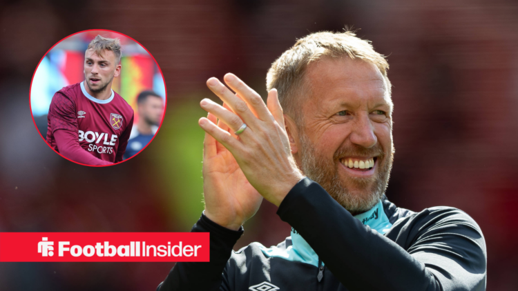 Graham Potter in a grey tracksuit and Jarrod Bowen in a purple West Ham kit in a red circle