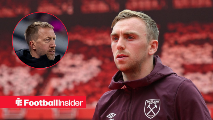 Graham Potter looking concerned on the left with Jarrod Bowen looking focused on the right for West Ham