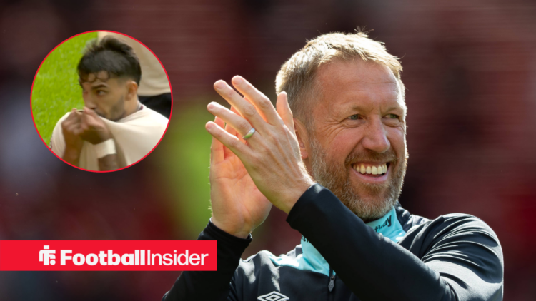 Graham Potter in a black tracksuit top and Lucas Paqueta in a cream West Ham kit in a circle
